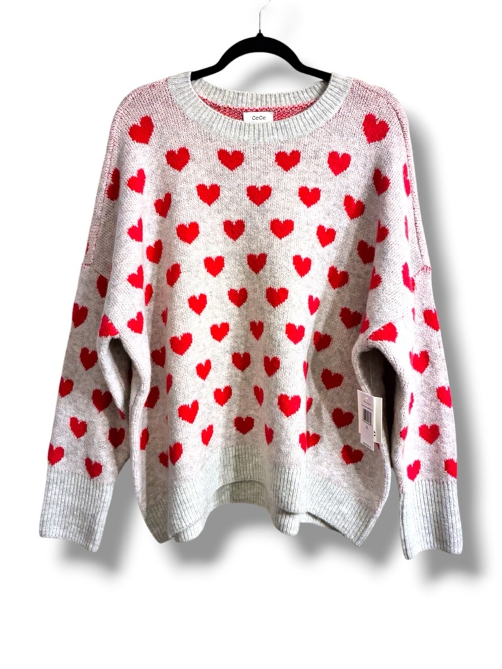 ❤️ CeCe Heart Print Sweater Gray Red Knit Crewneck Cozy Pullover NWT XL